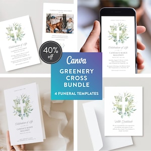 Greenery Cross Memorial テンプレートバンドル：編集可能な葬儀プログラム、招待状（Canva、デジタルダウンロード） 画像 1