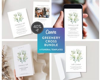 Greenery Cross Memorial Template Bundle: Editable Funeral Program, Invitation (Canva, Digital Download)