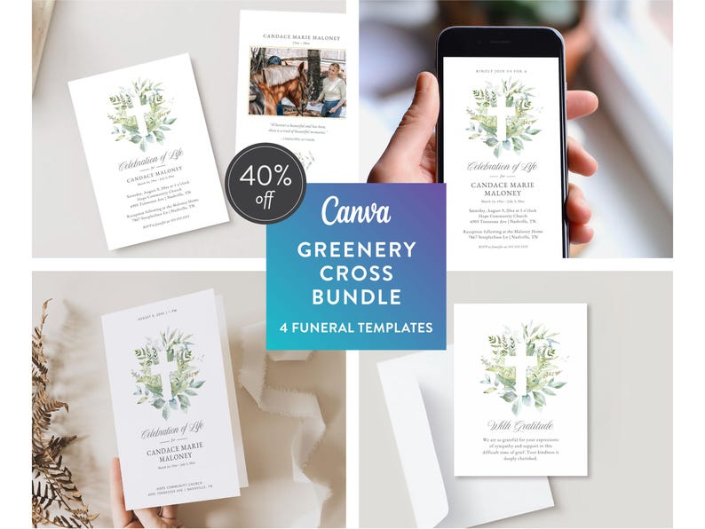 Greenery Cross Memorial テンプレートバンドル：編集可能な葬儀プログラム、招待状（Canva、デジタルダウンロード） 画像 1