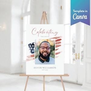 Large Memorial Welcome Sign | Modern Large Funeral Sign | Celebration of Life Sign | American Flag Canva Template