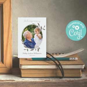 Cartes souvenir commémoratives modifiables | Cartes funéraires | Cartes de masse | Cartes de prière | MODÈLE EN LIGNE | Cadre ovale feuillu