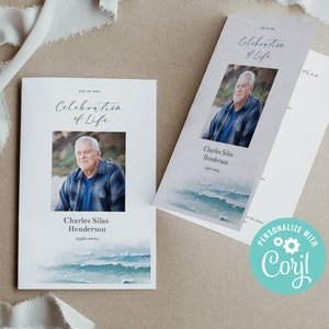 Ocean Funeral Program: canvassjabloon (digitale download, dubbelgevouwen, letter, A4) | Oceaangolven