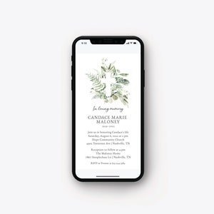 K&ouml;nnte beinhalten: Eine digitale Gedenk-Einladung mit einem gr&uuml;nen Blumenkranz und einem wei&szlig;en Kreuz. Der Text lautet: "In liebevoller Erinnerung an Candace Marie Maloney 1919-2012. Wir laden Sie herzlich ein, Candaces Leben zu ehren am Samstag, den 6. August 2012 um 13:00 Uhr in der Hope Community Church 4905 Tennessee Ave | Nashville, TN. Im Anschluss findet ein Empfang um 16:00 Uhr im Maloney Home 7867 Steeplechase Ln | Nashville, TN statt. Bitte melden Sie sich bei Yvonne unter 615-264-384 an."