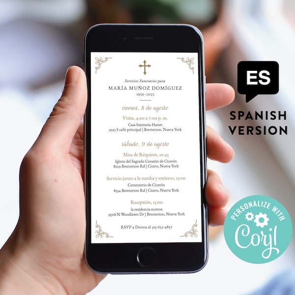 Spanish Digital Funeral Invite | Phone Memorial Announcement | Text Invite | Elegant Corners