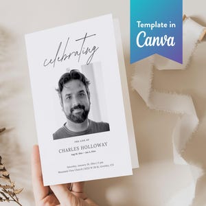 May include: A memorial card with a black and white photo of a man, with the word "Celebrating" in cursive script above the photo. The card includes the text "The Life of Charles Holloway" and event details. A banner reads "Template in Canva".