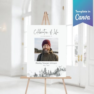 May include: A white sign with a black and white watercolor background of trees. The sign reads "Celebration of Life" in black cursive lettering. Below the text is a photo of a man with a beard wearing a red hat and a green jacket. The text "Wesley Sawyer Johnson 1973 - 2023" is below the photo.