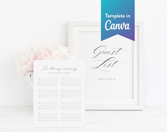 Funeral Guest Book Sign and List: Canva Template (Digital Download, 8x10, 8.5x11) | Classic Elegance