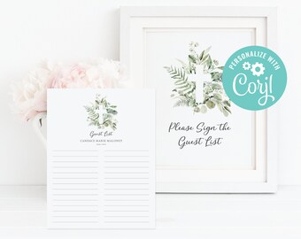 Memorial Guest List Lined Sheet and Matching Sign | Printable Templates | Greenery Cross