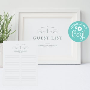 Memorial Guest List Lined Sheet and Matching Sign | Printable Templates | Graceful Cross