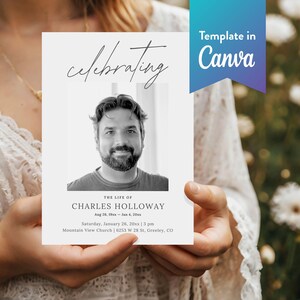 May include: A memorial card held by a person, featuring a black and white photo of a man. The card reads "Celebrating" in script, with details about Charles Holloway's life, including dates and location. The text "Template in Canva" is also visible.