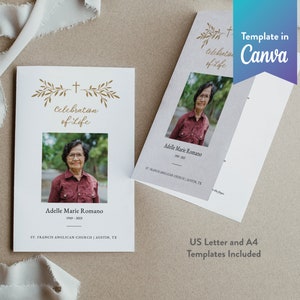 Editable Memorial Program, Printable Religious Funeral Program | Bi-fold | CANVA TEMPLATE | Leaves Cross