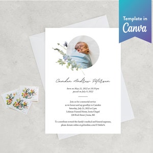 Blu / Invito commemorativo modificabile / Invito funebre / Celebrazione della vita / MODELLO CANVA / Fiori di campo