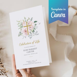 May include: A white bi-fold memorial card with a gold cross and floral arrangement. The card reads "Celebration of Life" and includes the name Elsie Harriet Carter and event details. A Canva template is available.