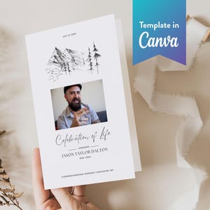 Nature Lover Funeral Program: Canva Template (Digital Download, Bi-Fold, Letter, A4) | Mountain Sketch