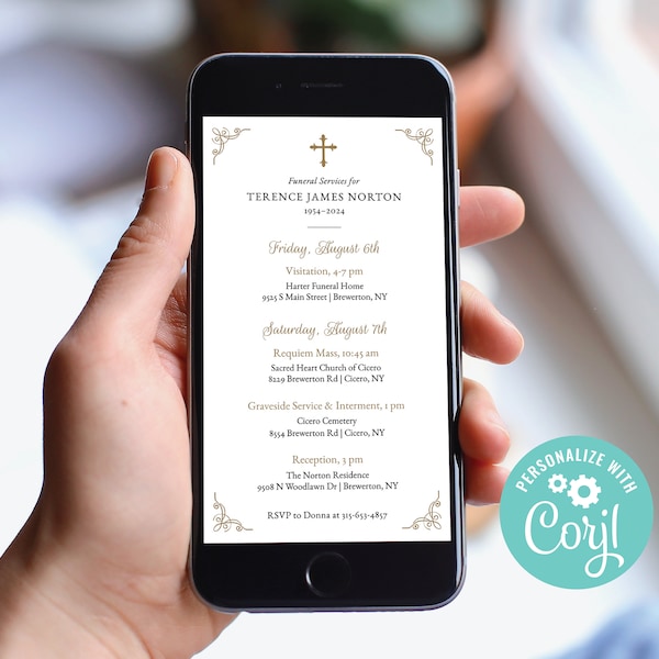 Digital Funeral Invite | Phone Memorial Announcement | Text Invite | Elegant Corners