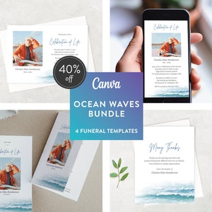 Ondas do oceano | Pacote de modelos Canva de 4 | Modelos editáveis de memoriais religiosos | Funeral | Celebração da Vida