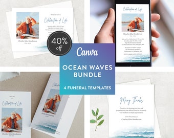 Ocean Waves | Canva Template Bundle of 4 | Editable Memorial Templates | Funeral | Celebration of Life