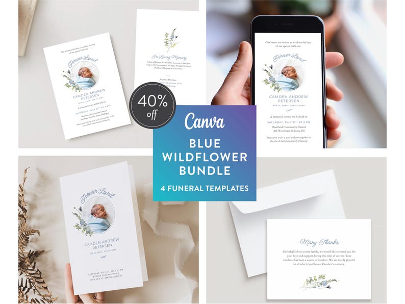 Infant Loss Funeral Template Bundle (Canva Digital Download) | Blue Wildflower image 1