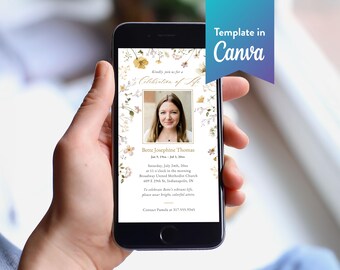 Wildflower Celebration of Life Text Invite: Canva Template (Digital Download, 1080x1920 px) | Flower Garden
