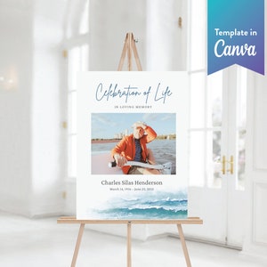 Signo de bienvenida conmemorativo grande / Signo grande funerario / Signo de celebración de la vida / Plantilla Canva de olas del océano