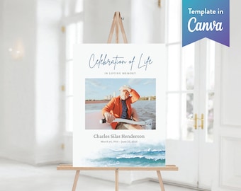 Ocean Waves Memorial Welcome Sign: Celebration of Life (Canva Template, Digital Download, 4 Sizes)