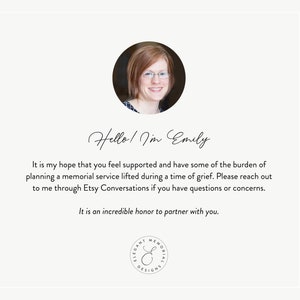 May include: A woman with glasses smiles and welcomes you to her Etsy shop, Elegant Memorial Designs. She offers support and assistance with planning memorial services.