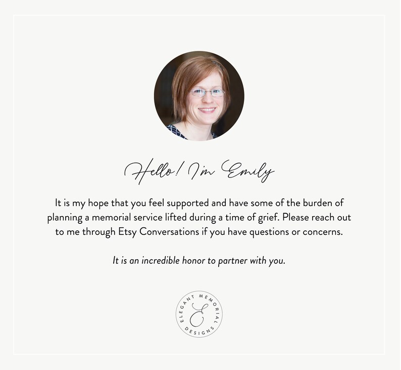 May include: A woman with glasses smiles and welcomes you to her Etsy shop, Elegant Memorial Designs. She offers support and assistance with planning memorial services.