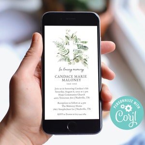 May include: A digital memorial invitation with a green floral wreath and a white cross. The invitation reads "In loving memory Candace Marie Maloney 1939-2022" and includes details for a memorial service and reception.