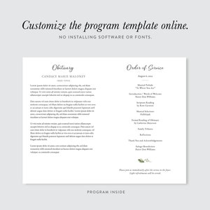 Pu&ograve; includere: Un modello di programma funebre in bianco e nero con il testo "Obituary" e "Order of Service". Il programma include il nome "Candace Marie Maloney" e le date "1939-2022" e "August 6, 2022".