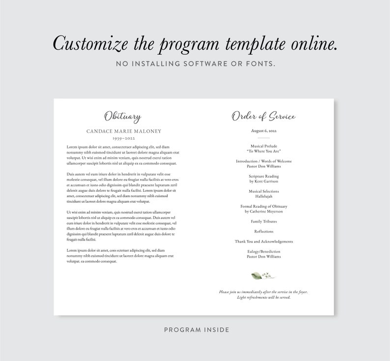 Pu&ograve; includere: Un modello di programma funebre in bianco e nero con il testo "Obituary" e "Order of Service". Il programma include il nome "Candace Marie Maloney" e le date "1939-2022" e "August 6, 2022".