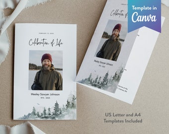 Può includere: Un modello di programma funebre bianco e grigio con uno sfondo di foresta ad acquerello. Il programma presenta una foto di un uomo con un cappotto invernale e un cappello. Il testo "Celebration of Life" è scritto in corsivo nero. Il programma include anche il nome "Wesley Sawyer Johnson" e le date "1973-2023".