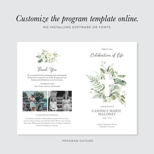Pu&ograve; includere: Un modello di programma funebre con una croce verde ad acquerello e un design floreale. Il testo recita "Celebrazione della vita" e "In memoria di Candace Marie Maloney 1979-2022". Il programma include anche un messaggio di ringraziamento e riconoscimenti.