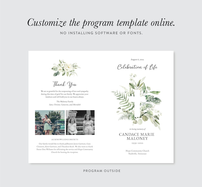 Pu&ograve; includere: Un modello di programma funebre con una croce verde ad acquerello e un design floreale. Il testo recita "Celebrazione della vita" e "In memoria di Candace Marie Maloney 1979-2022". Il programma include anche un messaggio di ringraziamento e riconoscimenti.