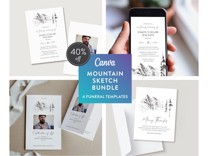Nature Lover Funeral Template Bundle (Canva Digital Download) | Mountain Sketch image 1