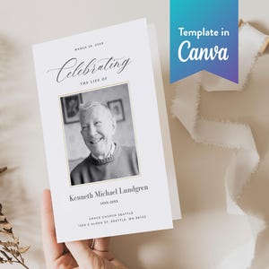 May include: A white memorial card with a black and white photo of a smiling older man. The card reads "Celebrating the Life of" and includes the name "Kenneth Michael Lundgren" and the years 1953-20XX. The text "Template in Canva" is also visible.