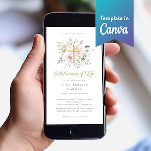 Religious Floral Funeral Text Invite: Canva Template (Digital Download, 1080x1920 px) | Floral Cross