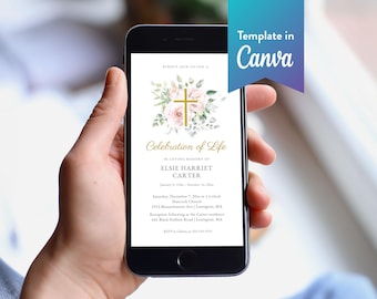 Religiöse Einladungskarte mit Blumenmuster für Trauerfeiern: Canva-Vorlage (Digitaler Download, 1080 x 1920 px) | Blumenkreuz