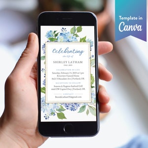 Blue Floral Funeral Text Invite: Canva Template (Digital Download, 1080x1920 px) | Hydrangea