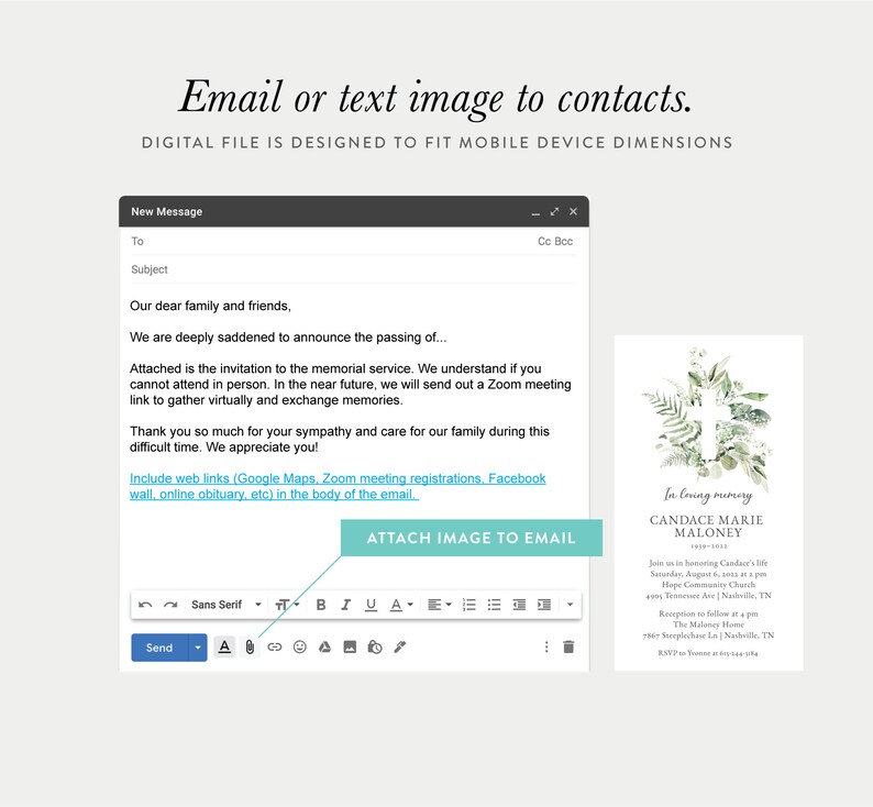 K&ouml;nnte beinhalten: Ein digitales Bild einer Textnachrichtenvorlage zur Ank&uuml;ndigung eines Trauergottesdienstes. Die Vorlage enth&auml;lt ein Textfeld f&uuml;r die Betreffzeile, ein Textfeld f&uuml;r den Nachrichtentext und eine Schaltfl&auml;che zum Anh&auml;ngen eines Bildes. Der Text im Bild lautet: "Liebe Familie und Freunde, Wir sind zutiefst betr&uuml;bt, Ihnen den Tod von... mitzuteilen. Hiermit erhalten Sie die Einladung zum Trauergottesdienst. Wir verstehen, wenn Sie nicht pers&ouml;nlich teilnehmen k&ouml;nnen. In naher Zukunft werden wir einen Zoom-Meeting-Link versenden, um uns virtuell zu treffen und Erinnerungen auszutauschen. Vielen Dank f&uuml;r Ihr Mitgef&uuml;hl und Ihre Anteilnahme an unserer Familie in dieser schweren Zeit. Wir sch&auml;tzen es sehr! F&uuml;gen Sie Weblinks (Google Maps, Zoom-Meeting-Anmeldungen, Facebook-Wand, Online-Nachruf usw.) in den Text der E-Mail ein. BILD AN DIE E-MAIL ANH&Auml;NGEN".