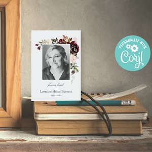 Cartes souvenir commémoratives modifiables | Cartes funéraires | Cartes de masse | Cartes de prière | MODÈLE EN LIGNE | Fleurs roses