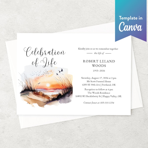 Editable Memorial Invitation | Funeral Invitation | Celebration of Life | CANVA TEMPLATE | Sunset Beach