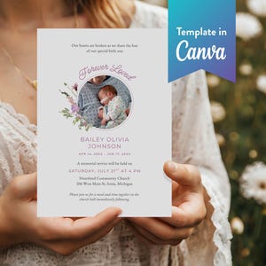 May include: A memorial service announcement. The card features a photo of a baby, floral accents, and the text "Forever Loved." Details include the baby's name, birth and passing dates, and service information. The template is in Canva.