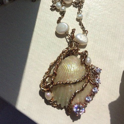 Siren's Bounty TM OOAK glowing scallop copper and silver CZ baroque pearl necklace