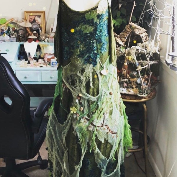 Deconstructed lagan look green earth inspired fairy mermaid dryad dress with wings sewn on the back