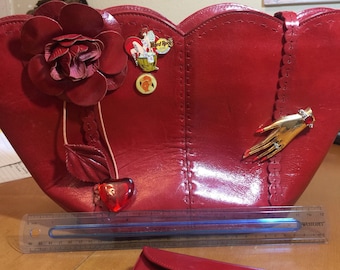 Valentines Red Leather Purse Scalloped & Embellished