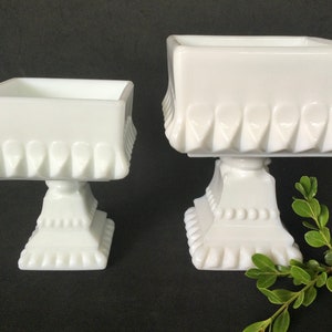 Jeanette Milk Glass 2 Square Pedestal candy dish/planter in wedding cake pattern