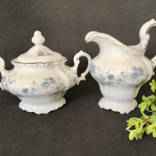 Johann Haviland''s Blue Garland chinaware sugar bowl with lid and open creamer