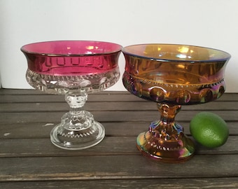 Vintage Indiana Glass Kings Crown Compote: Marigold Iridescent & Pink Rim