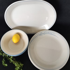 Corelle Beige Blue Lily Pattern dinnerware collection, 12 pieces,  USA made by Corning