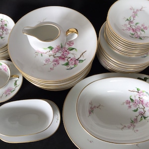 Vintage H and Co Selb Bavaria China Set: Blossomtime Pink Floral, Gold Trim